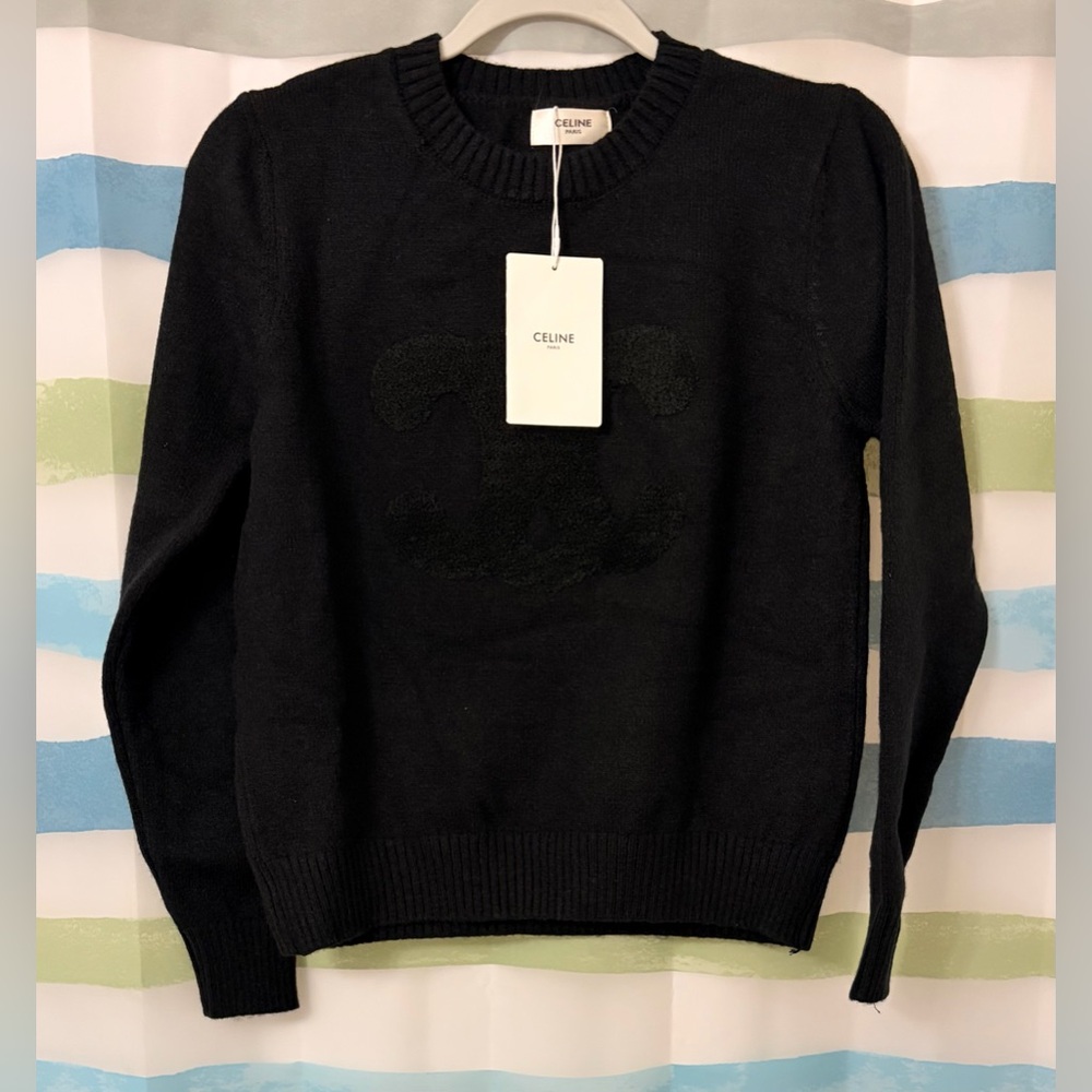 Celine Paris Crew Neck Sweater In Heritage Cashmere Embroidered Black (H57)